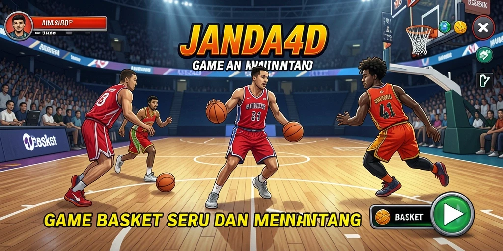 Tampilan utama JANDA4D dengan aksi permainan basket yang dinamis.