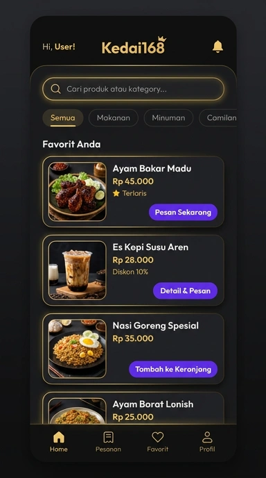 Tampilan halaman daftar kedai168